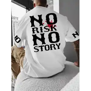 No Risk No Story Baskılı Oversize Bisiklet Yaka T-shirt - Beyaz