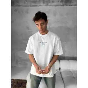 Ön ve Arka Baskılı Oversize Bisiklet Yaka T-shirt- Beyaz