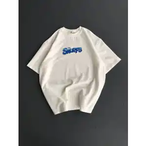 Ön ve Arka Baskılı Oversize Bisiklet Yaka T-shirt- Beyaz