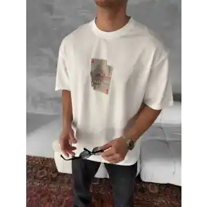 Ön ve Arka Baskılı Oversize Bisiklet Yaka T-shirt - Beyaz