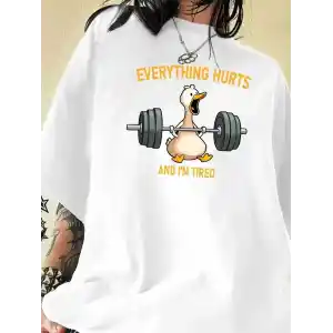 Ördek Baskılı ve Yuvarlak Yakalı Kadın Günlük Büyük Boy Siyah Tişört. - Beyaz