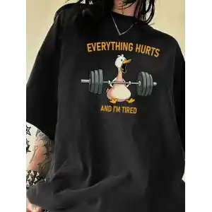 Ördek Baskılı ve Yuvarlak Yakalı Kadın Günlük Büyük Boy Siyah Tişört. - Siyah