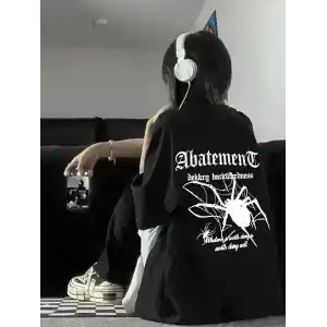 Örümcek Ağı Desenli Baskılı Oversize Bisiklet Yaka T-shirt - Siyah