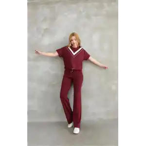 Osy Modal Yumuşak dokulu Kumaş Bisiklet Yaka Parçalı detaylı Kısa Kollu Takım - Bordo