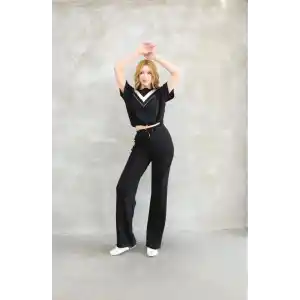 Osy Modal Yumuşak dokulu Kumaş Bisiklet Yaka Parçalı detaylı Kısa Kollu Takım - Siyah