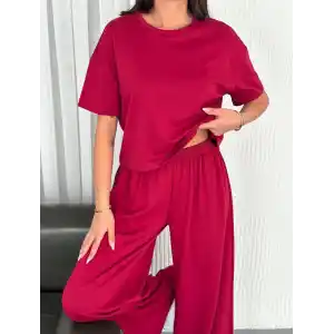 Osy Modal Yumuşak Dokulu Kumaş Bisiklet Yaka T-shirt Bol paça Pantalon ikili Takım -Bordo
