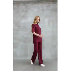 Osy Modal Yumuşak dokulu Kumaş Bisiklet Yaka Taş detaylı Kısa Kollu Takım - Bordo