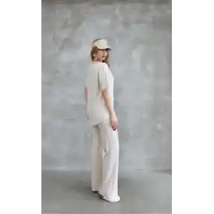 Osy Modal Yumuşak dokulu Kumaş Bisiklet Yaka Taş detaylı Kısa Kollu Takım - Kırık Beyaz