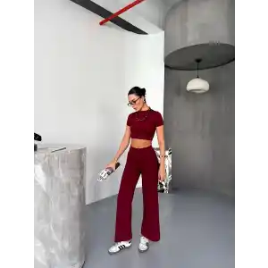 Osy Modal Yumuşak Dokulu Kumaş Kısa Kollu Crop Alt ispanyol Paça Pantalon ikili Takım - Bordo