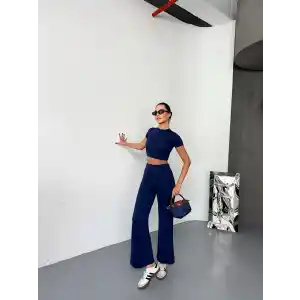 Osy Modal Yumuşak Dokulu Kumaş Kısa Kollu Crop Alt ispanyol Paça Pantalon ikili Takım - Lacivert