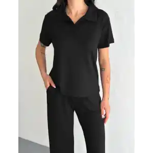 Osy Modal Yumuşak Dokulu Kumaş Kısa Kollu Yakalı T-shirt Pantalon ikili Takım- Siyah