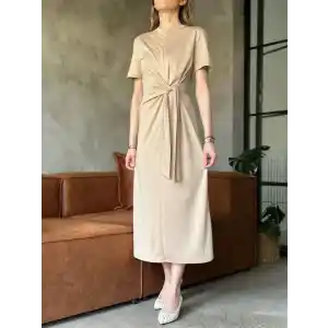Osy Modal Yumuşak Dokulu Kumaş Yandan Bağlamalı Elbise - Bej