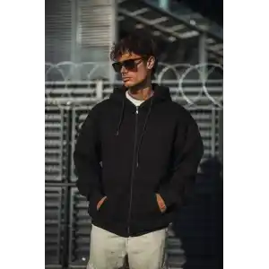 Oversize Tam Fermuarlı Uzun Kol Hırka - Siyah