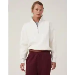 Oversize Yarım Farmuarlı Yakalı Basic SweatShirt - Beyaz