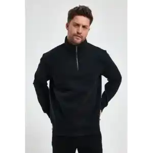 Oversize Yarım Farmuarlı Yakalı Basic SweatShirt - Siyah