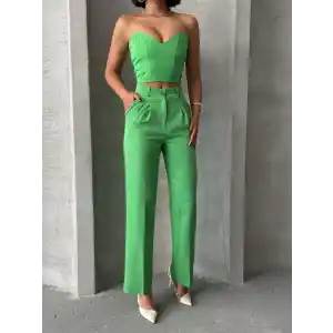 Palazzo pantolonlu alt üst takım yeşil