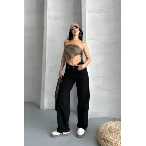 Palazzo straight enzim süper taş yıkama jeans pantolon siyah d2008