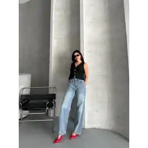 Palazzo straight kar yıkama jeans pantolon mavi d2008