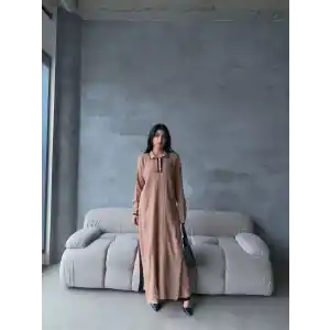 Pantolon yırtmaçlı elbise ikili triko takım vizon elf