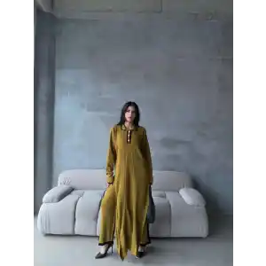 Pantolon yırtmaçlı elbise ikili triko takım yeşil elf