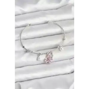 Pembe Kelebek Charmlı Gümüş Renk Kadın Bileklik