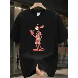 Pembe Panter Baskılı Erkek Oversize Günlük Kısa Kollu Tişört İlkbahar ve Yaz için Mükemmeldir - Siyah