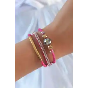 Pembe Renk Zirkon Taşlı Deri Çoklu Bileklik