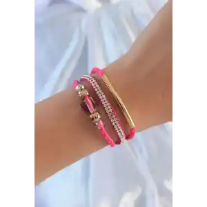 Pembe Renk Zirkon Taşlı Deri Çoklu Bileklik