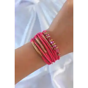 Pembe Renk Zirkon Taşlı Metal Aksesuarlı İpli Çoklu Bileklik