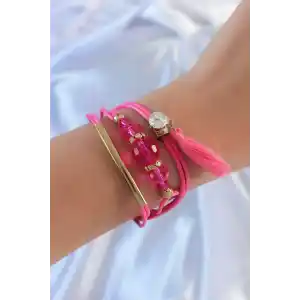 Pembe Zirkon Taşlı İpli Püskül Detay Çoklu Bileklik