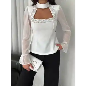 Penye Uzun Kollu Kadın Kolları Şifon Göğüste İnci Boncuk detaylı Bluz - Beyaz