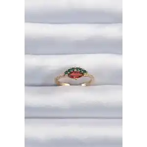Pirinç Altın Renk Renkli Zirkon Taşlı Ayarlanabilir Karpuz Model Yüzük