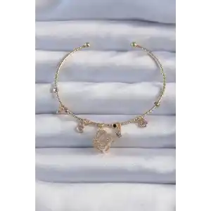 Pirinç Altın Renk Zirkon Taşlı Yonca Model Charm Bileklik