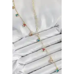 Pirinç Asorti Kalp Model Gold Renk Zirkon Taşlı Y Kolye