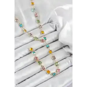Pirinç Asorti Kare Model Gold Renk Zirkon Taşlı Y Kolye
