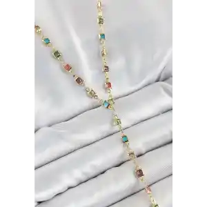 Pirinç Asorti Kare Model Gold Renk Zirkon Taşlı Y Kolye