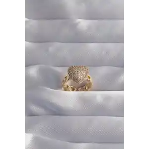 Pirinç Ayarlamalı Gold Renk Zirkon Taşlı Bombeli Kalp Yüzük