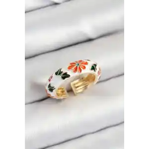 Pirinç Beyaz Mineli Çiçek Motifli Gold Renk Ayarlanabilir Kadın Yüzük