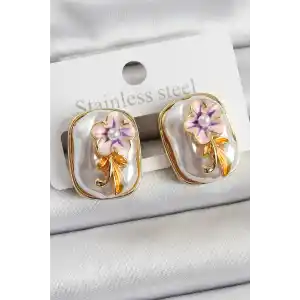 Pirinç Beyaz Mineli İnci Detaylı Çiçek Figürlü Sanatsal Portre Model Gold Renk Kadın Küpe