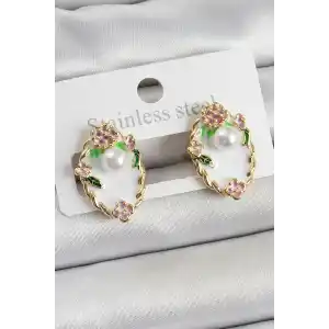 Pirinç Beyaz Mineli İnci Detaylı Sanatsal Portre Model Gold Renk Kadın Küpe