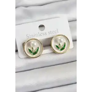 Pirinç Beyaz Mineli Lale Figürlü Sanatsal Portre Model Gold Renk Kadın Küpe