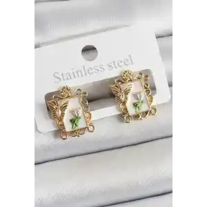 Pirinç Beyaz Mineli Sanatsal Portre Model Gold Renk Kadın Küpe