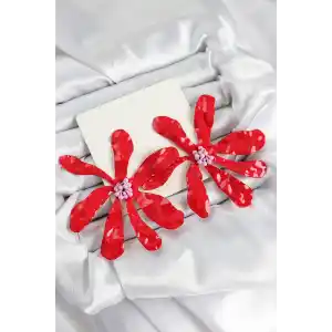 Pirinç Büyük Kırmızı Çiçek Model Kadın Küpe