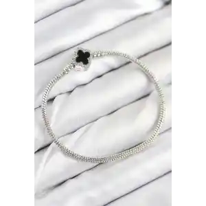 Pirinç Charm Zirkon Taşlı Yonca Model Gümüş Renk Kadın Bileklik