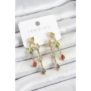 Pirinç Çoklu Damla Model Karşık Zirkon Taşlı Gold Ve Gümüş Renk Kadın Küpe