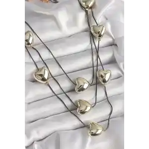 Pirinç Füme Renk Zincir 3D Gold Renk Kalp Model Kadın Kolye