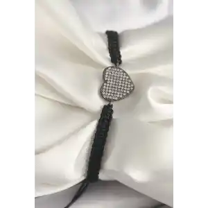 Pirinç Füme Renk Zirkon Taşlı Kalp Figür Asansörlü Makrome Model Kadın Bileklik