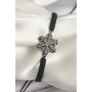 Pirinç Füme Renk Zirkon Taşlı Kar Tanesi Figür Makrome Asansörlü Model Kadın Bileklik