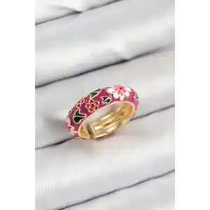 Pirinç Fuşya Mineli Çiçek Motifli Gold Renk Ayarlanabilir Kadın Yüzük