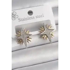 Pirinç Gold Gümüş Renk Zirkon Taşlı Kutup Yılıdız Model Kadın Küpe